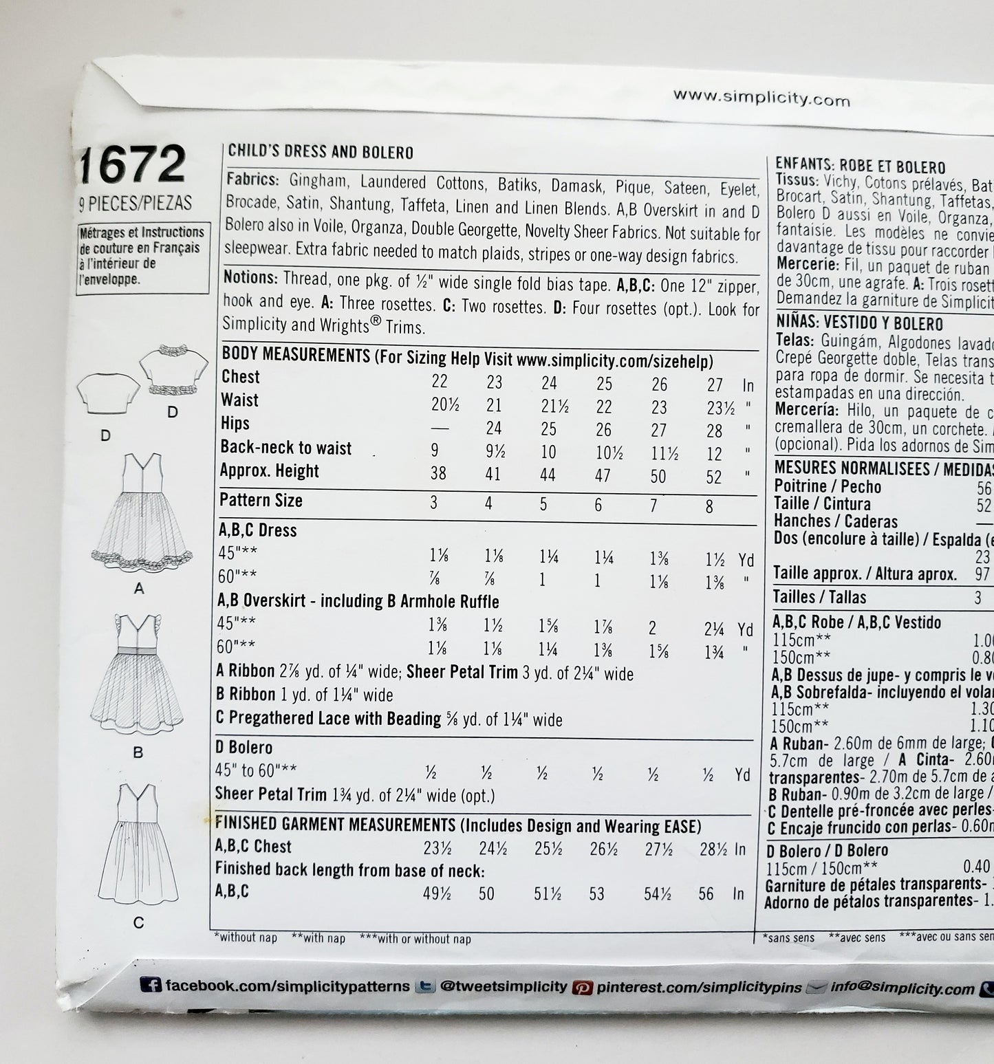 SIMPLICITY Sewing Pattern 1672 Child's Dress and Bolero, Disney Fairies, Girls SIZE 3-8