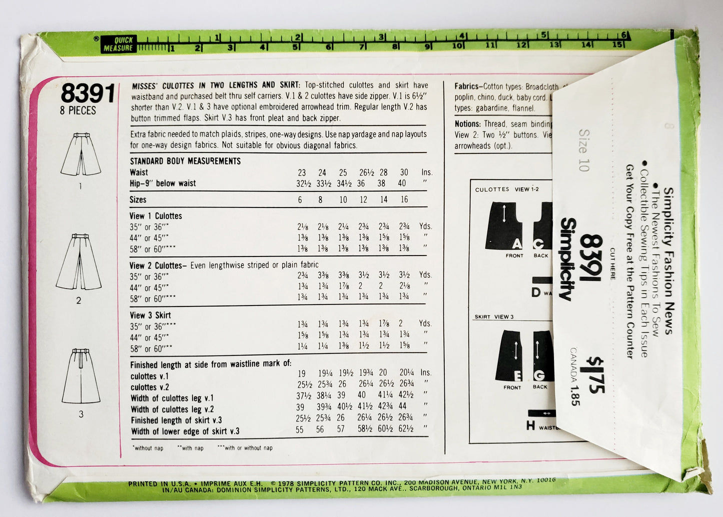 SIMPLICITY Sewing Pattern 8391, Vintage, Culottes, Skirts, Size 10