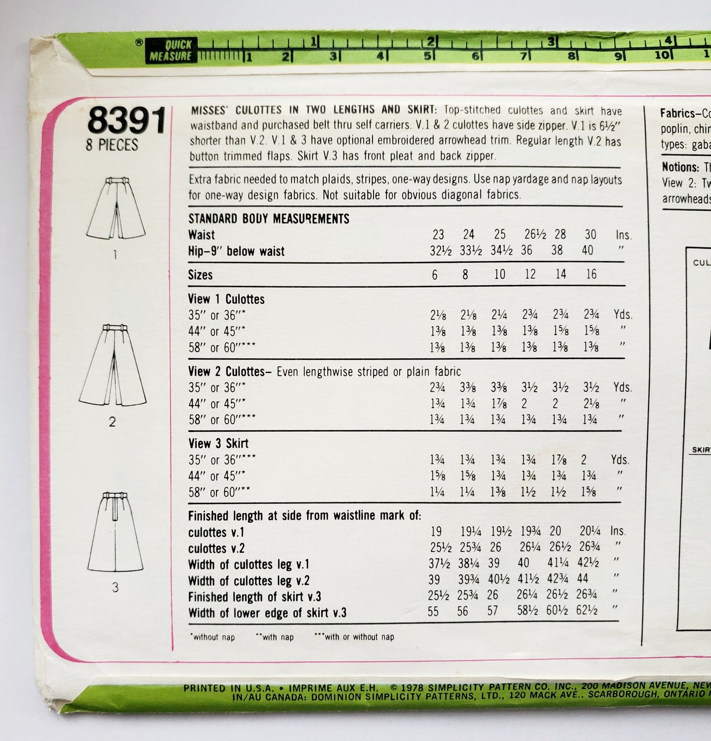 SIMPLICITY Sewing Pattern 8391, Vintage, Culottes, Skirts, Size 10