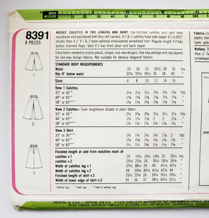 SIMPLICITY Sewing Pattern 8391, Vintage, Culottes, Skirts, Size 10