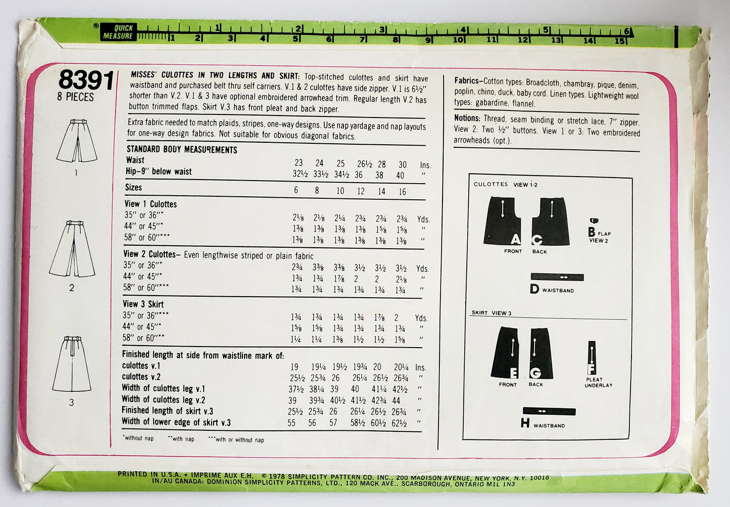 SIMPLICITY Sewing Pattern 8391, Vintage, Culottes, Skirts, Size 10