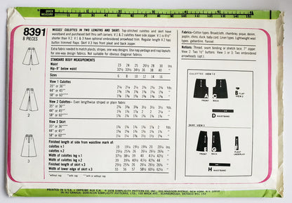 SIMPLICITY Sewing Pattern 8391, Vintage, Culottes, Skirts, Size 10