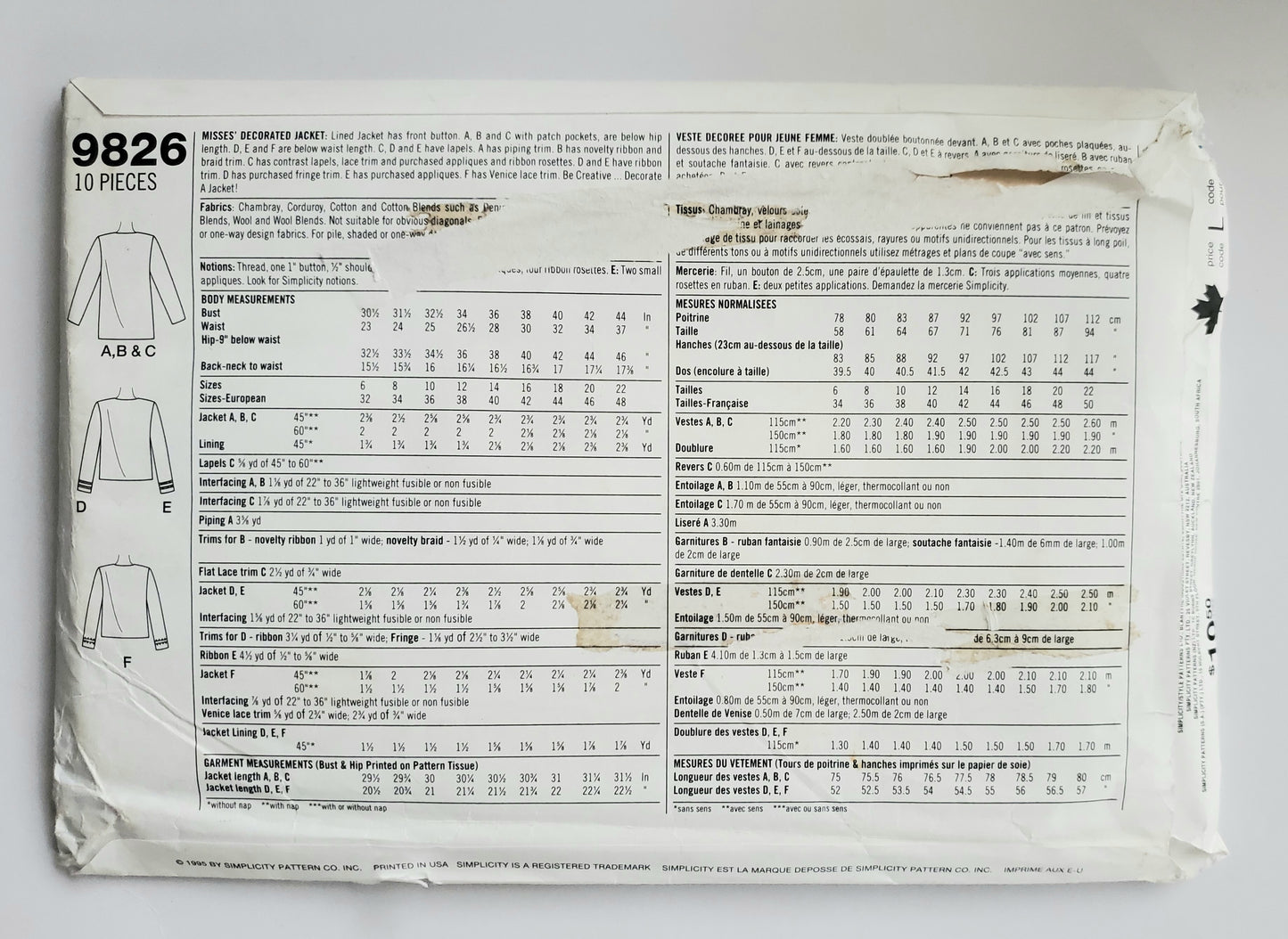 SIMPLICITY Sewing Pattern 9826, Jacket, Decorate a Decorate, Lined Jaclet, Size 18-22