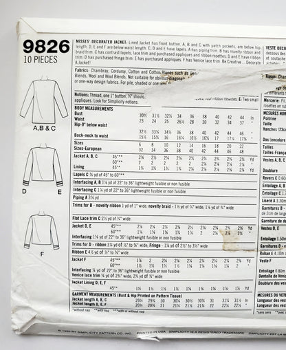 SIMPLICITY Sewing Pattern 9826, Jacket, Decorate a Decorate, Lined Jaclet, Size 18-22