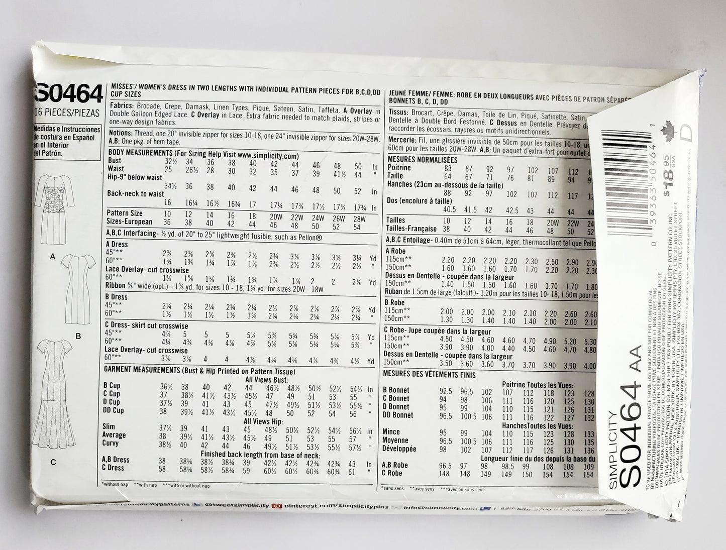 SIMPLICITY Sewing Pattern S0464, Dress, Amazing Fit, Lace Overlay, Size 10-18