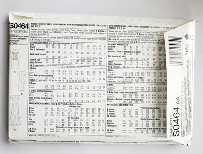 SIMPLICITY Sewing Pattern S0464, Dress, Amazing Fit, Lace Overlay, Size 10-18
