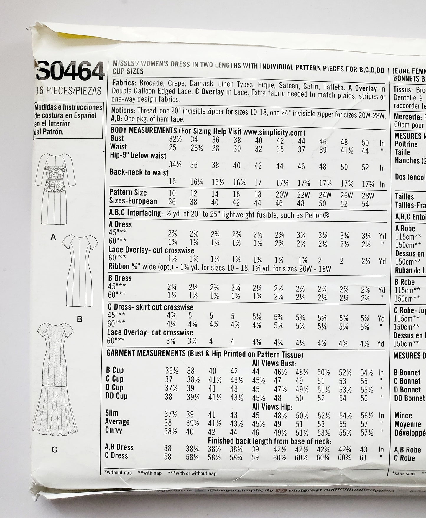 SIMPLICITY Sewing Pattern S0464, Dress, Amazing Fit, Lace Overlay, Size 10-18