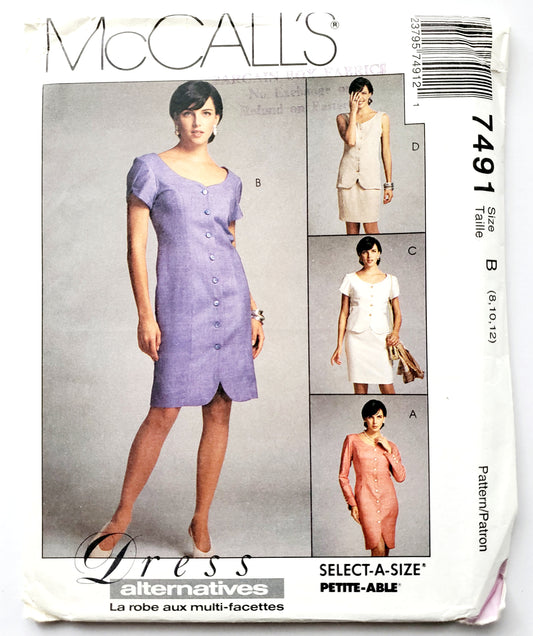 MCCALLS Sewing Pattern 7491 Front Buttoned Dress, Unlined Vest, Top, Skirt, Size 8-12