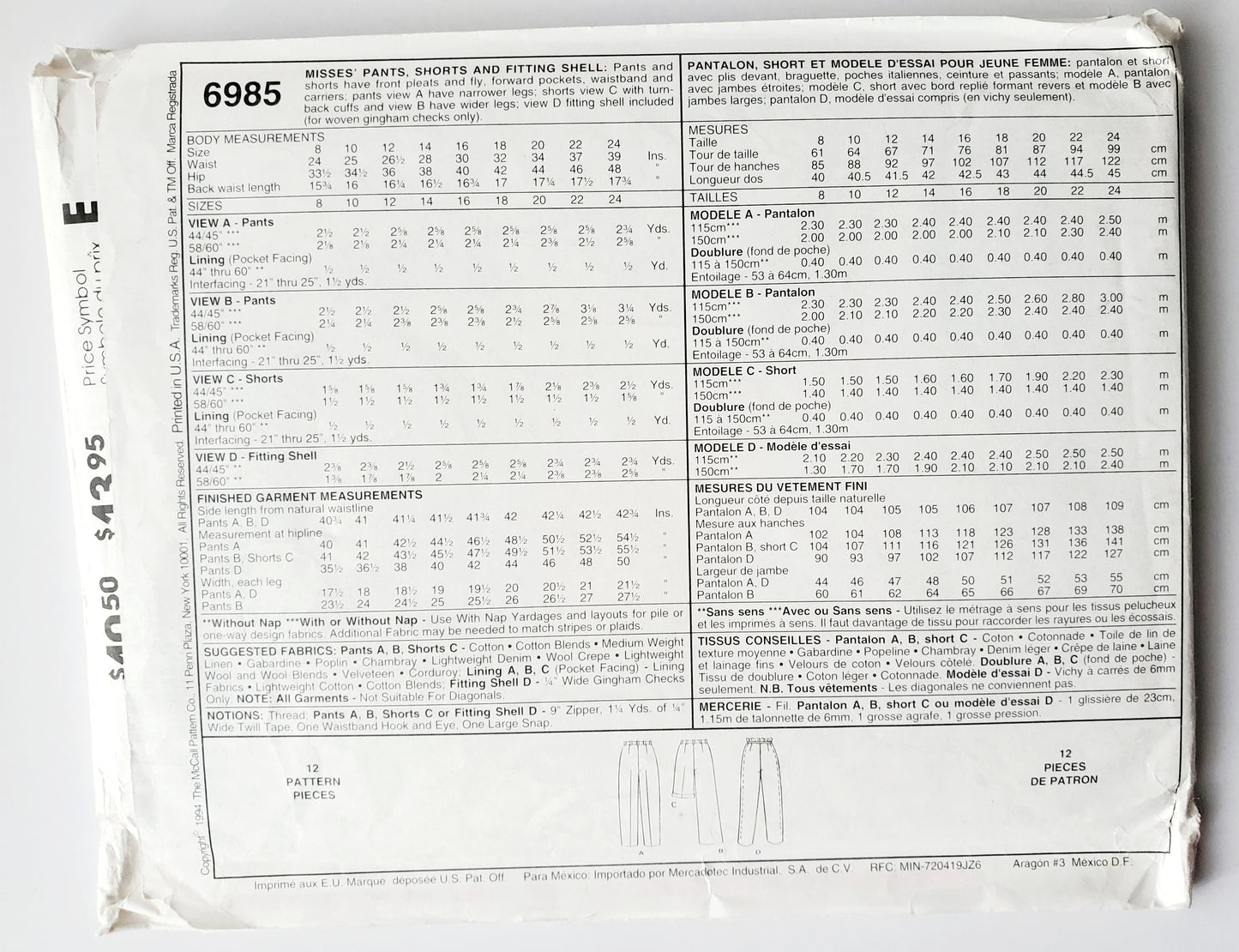 MCCALLS Sewing Pattern 6985 Perfect Fit Trousers, Pants, Shorts, Fitting Shell,  Size 14