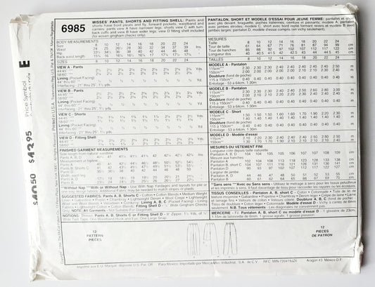 MCCALLS Sewing Pattern 6985 Perfect Fit Trousers, Pants, Shorts, Fitting Shell,  Size 14