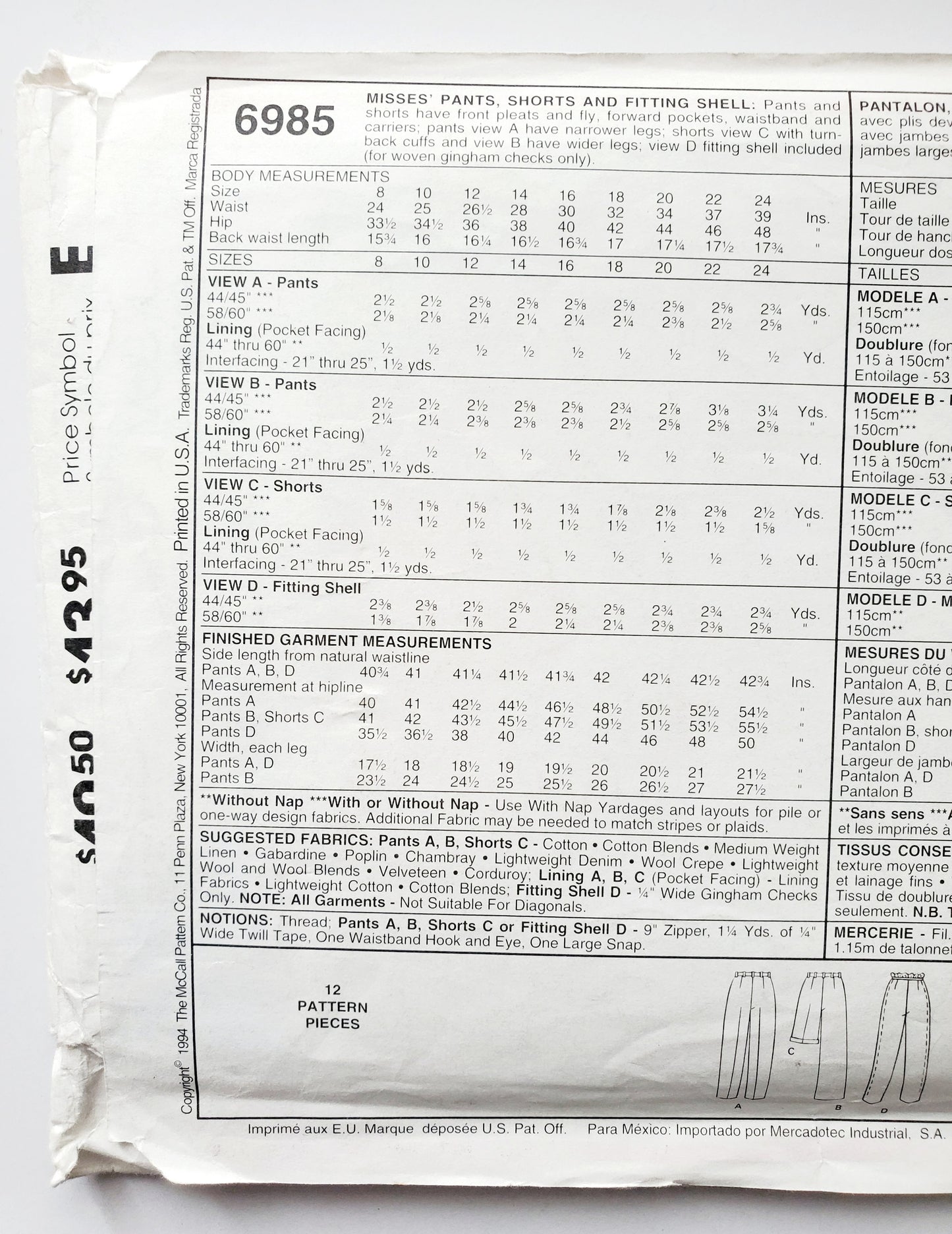 MCCALLS Sewing Pattern 6985 Perfect Fit Trousers, Pants, Shorts, Fitting Shell,  Size 14