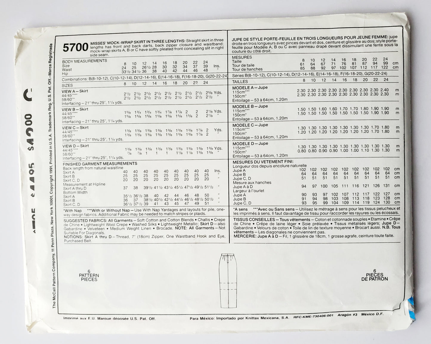 MCCALLS Sewing Pattern 5700  Mock Wrap Skirt, Three Lengths, Soft Pleated Front, Size 12-16