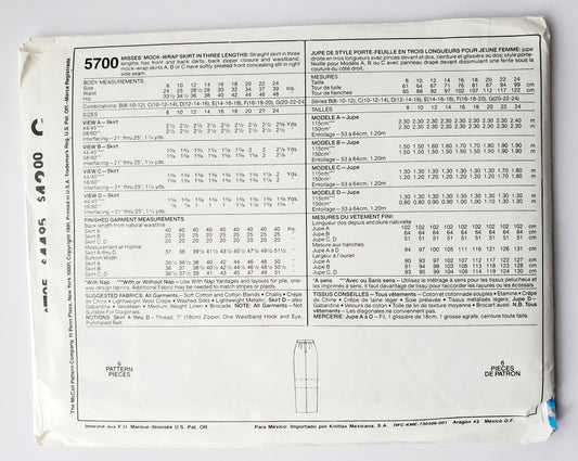 MCCALLS Sewing Pattern 5700  Mock Wrap Skirt, Three Lengths, Soft Pleated Front, Size 12-16
