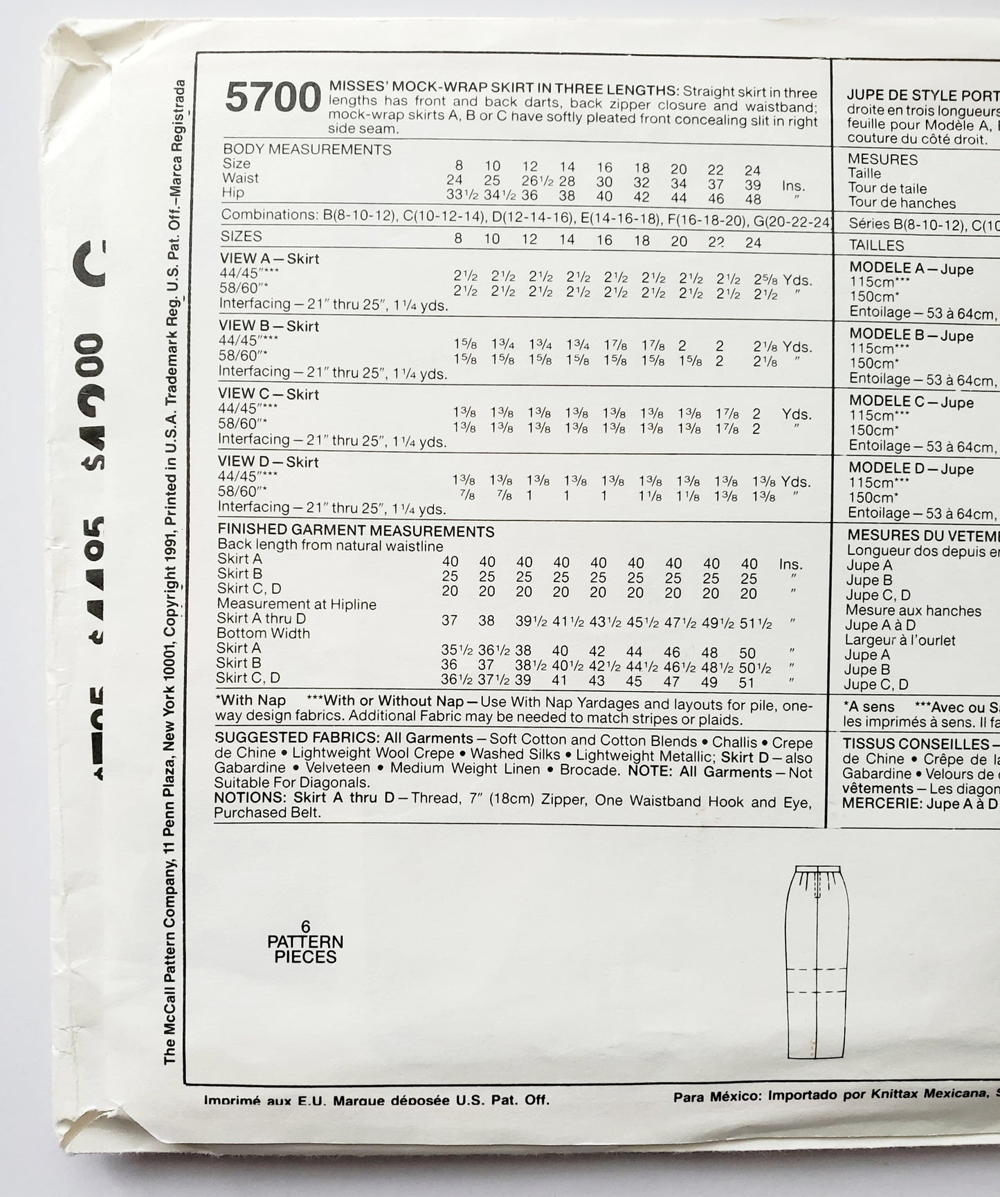 MCCALLS Sewing Pattern 5700  Mock Wrap Skirt, Three Lengths, Soft Pleated Front, Size 12-16