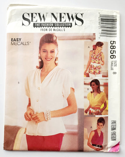 MCCALLS Sewing Pattern 5856 Blouses Front Shoulder Pleats, Two Lengths, Size 8