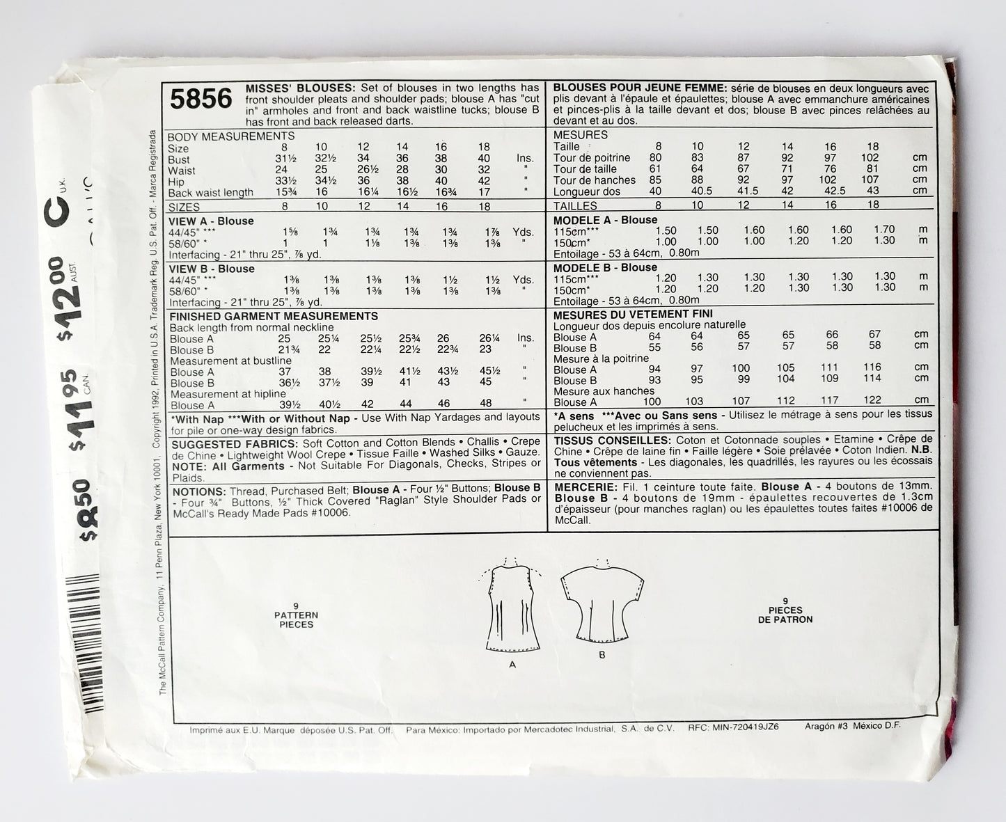 MCCALLS Sewing Pattern 5856 Blouses Front Shoulder Pleats, Two Lengths, Size 8
