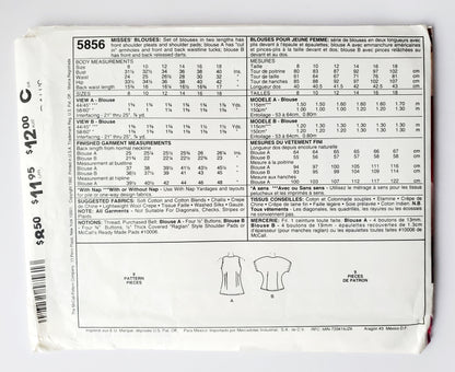 MCCALLS Sewing Pattern 5856 Blouses Front Shoulder Pleats, Two Lengths, Size 8