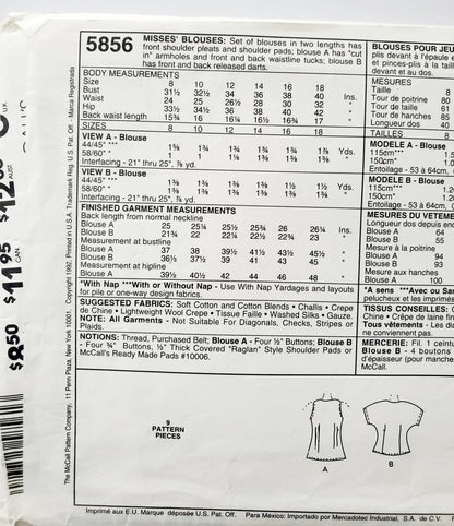 MCCALLS Sewing Pattern 5856 Blouses Front Shoulder Pleats, Two Lengths, Size 8