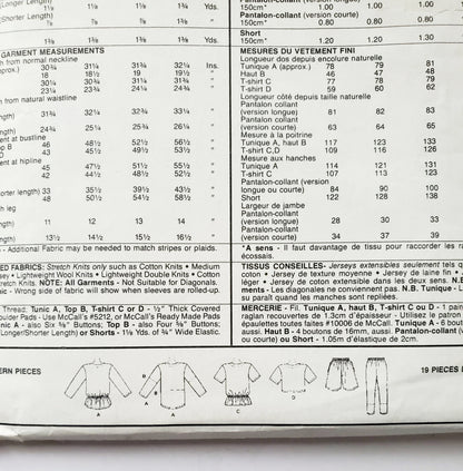 MCCALLS Sewing Pattern 5268 Tunic or Tops, Tshirts, Leggings, Shorts Size 6-8