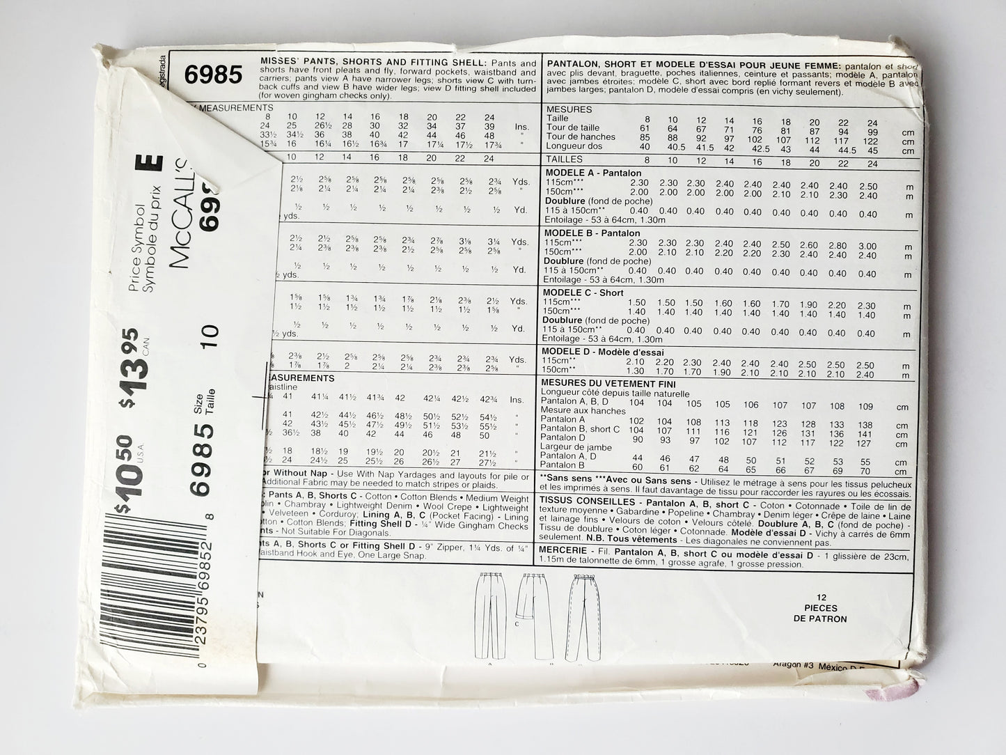 MCCALLS Sewing Pattern 6985 Perfect Fit Trousers, Pants, Shorts, Fitting Shell,  Size 10