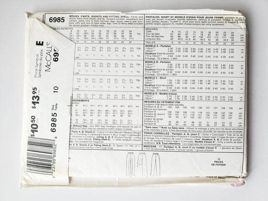 MCCALLS Sewing Pattern 6985 Perfect Fit Trousers, Pants, Shorts, Fitting Shell,  Size 10