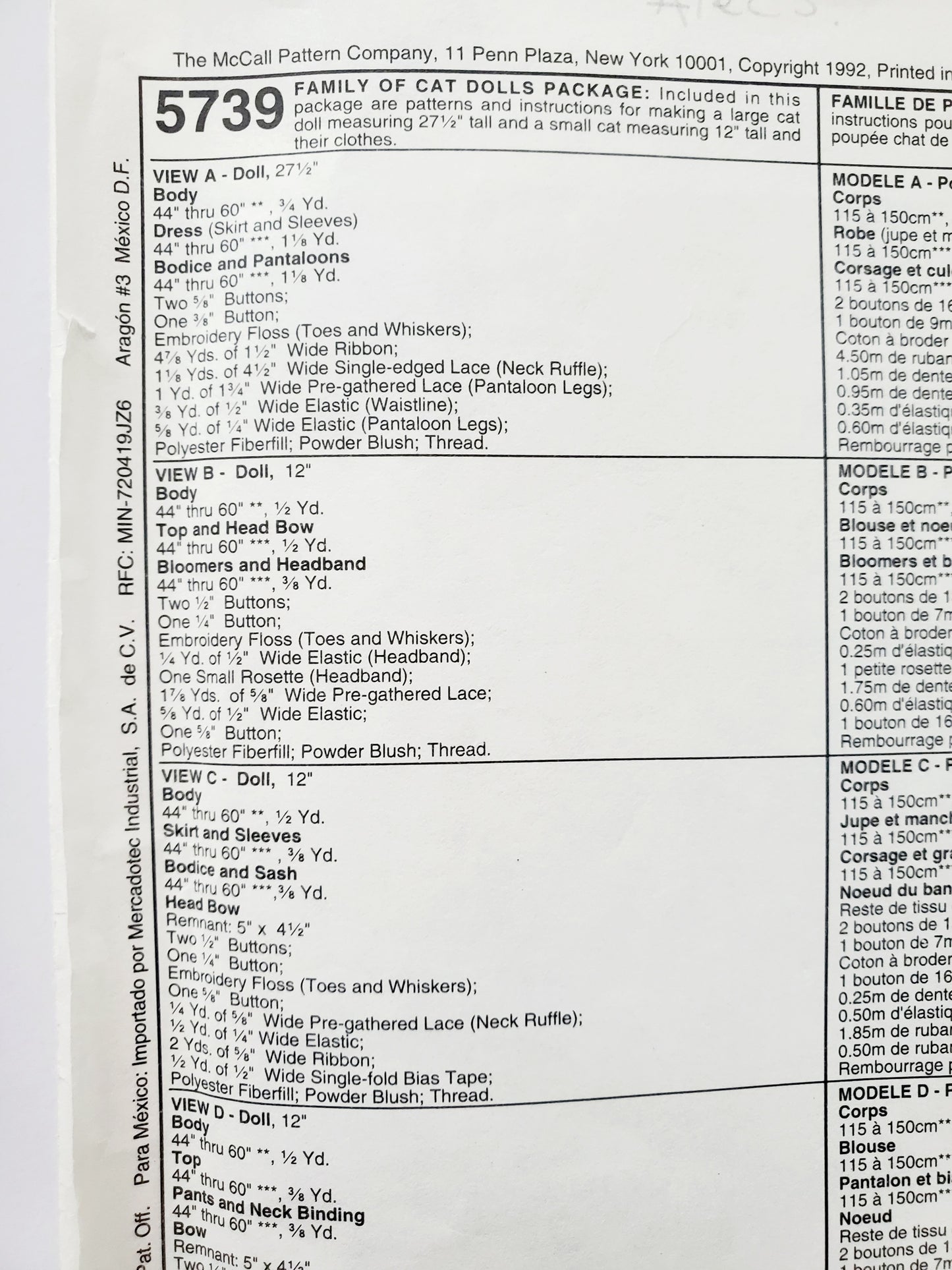 MCCALLS Craft Sewing Pattern Cat & Kittens 5739 Size 69cm (Mum Cat) 30cm (Kittens). Complete with Clothes.