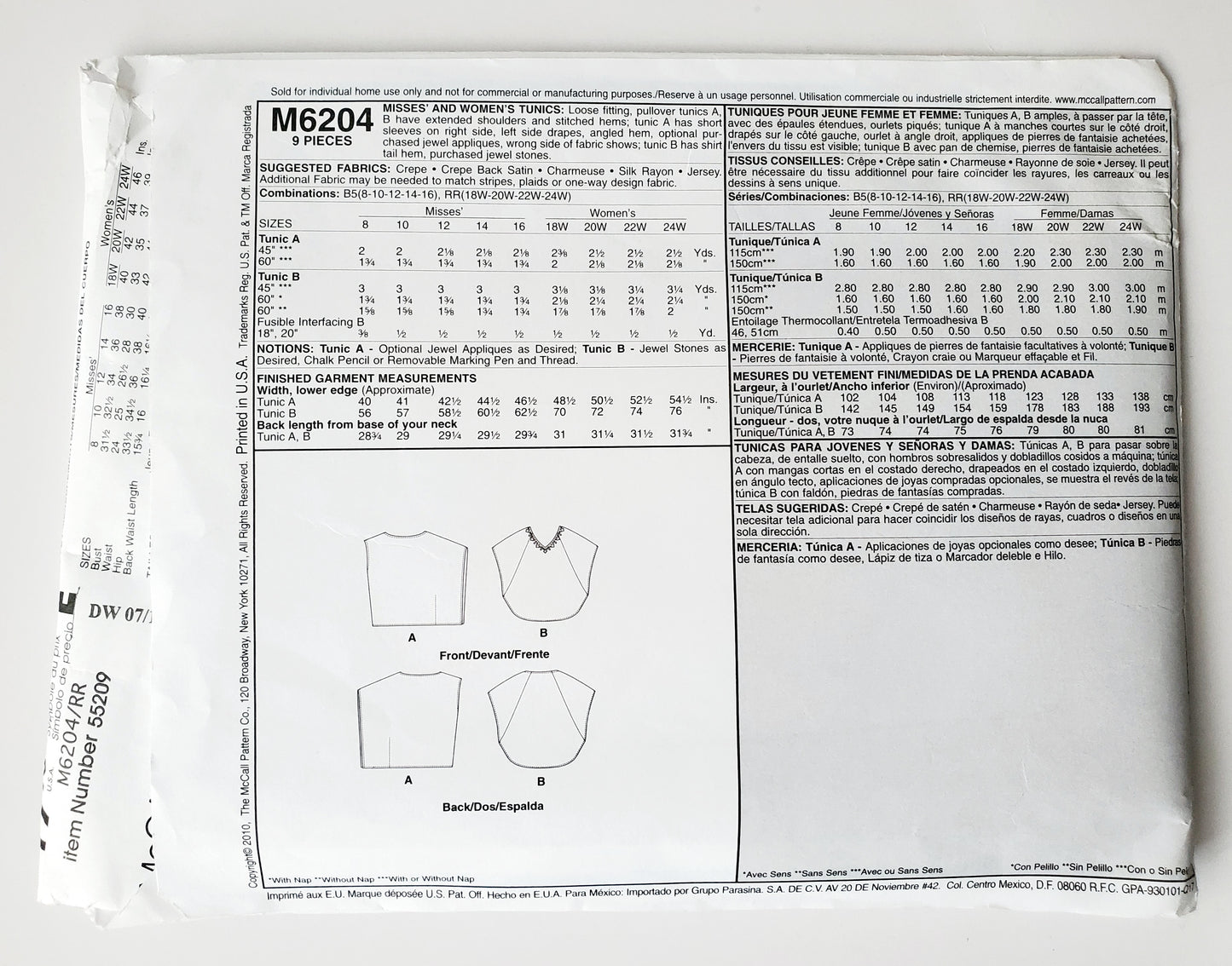 MCCALLS Sewing Pattern M6204 Loose Fitting Tunics, Plus Sizes, Size 18-24