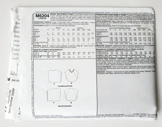 MCCALLS Sewing Pattern M6204 Loose Fitting Tunics, Plus Sizes, Size 18-24