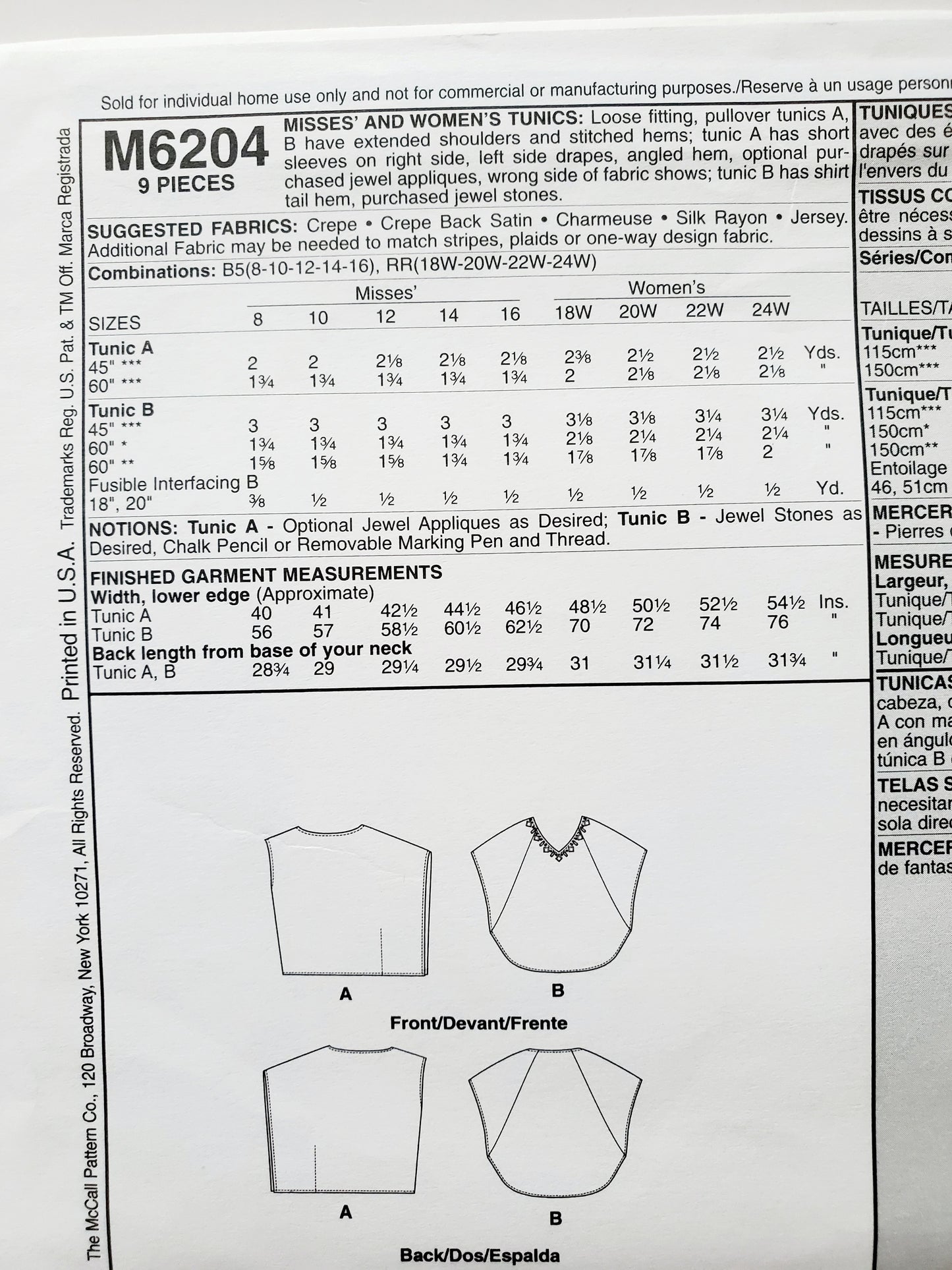 MCCALLS Sewing Pattern M6204 Loose Fitting Tunics, Plus Sizes, Size 18-24