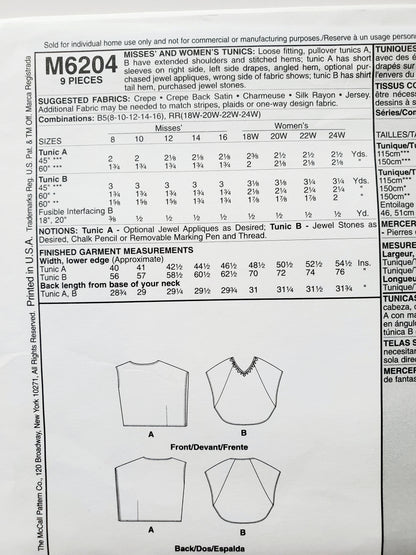 MCCALLS Sewing Pattern M6204 Loose Fitting Tunics, Plus Sizes, Size 18-24