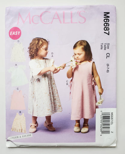 MCCALLS Sewing Pattern M6687 Girls Pinafore, Dresses, Side Ties, Ruffles, Kids Size 6-8