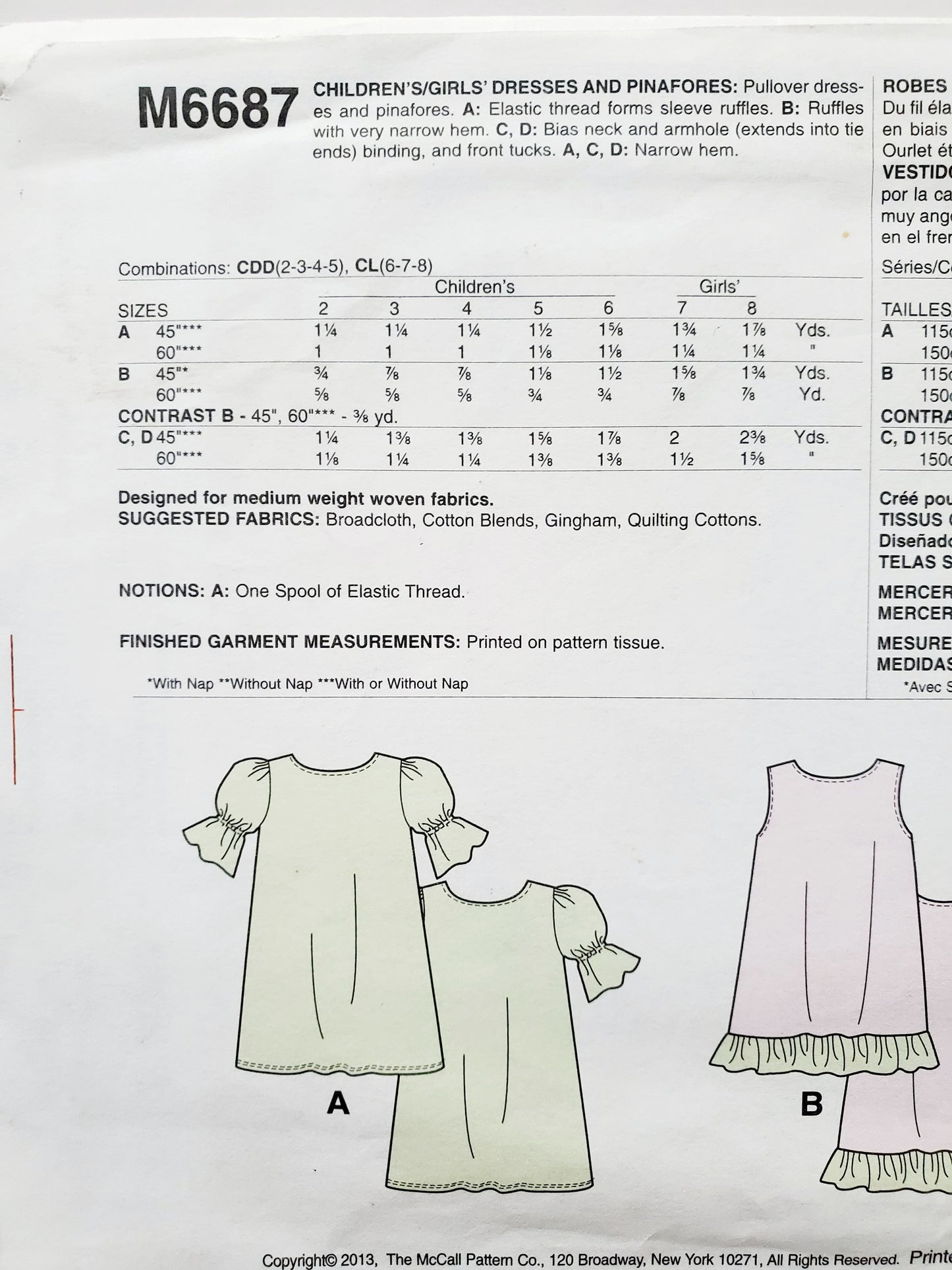 MCCALLS Sewing Pattern M6687 Girls Pinafore, Dresses, Side Ties, Ruffles, Kids Size 6-8