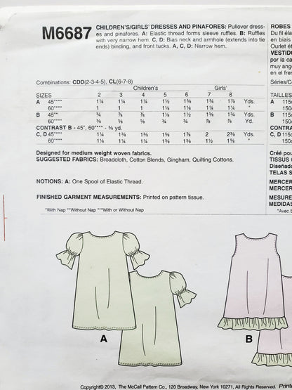 MCCALLS Sewing Pattern M6687 Girls Pinafore, Dresses, Side Ties, Ruffles, Kids Size 6-8