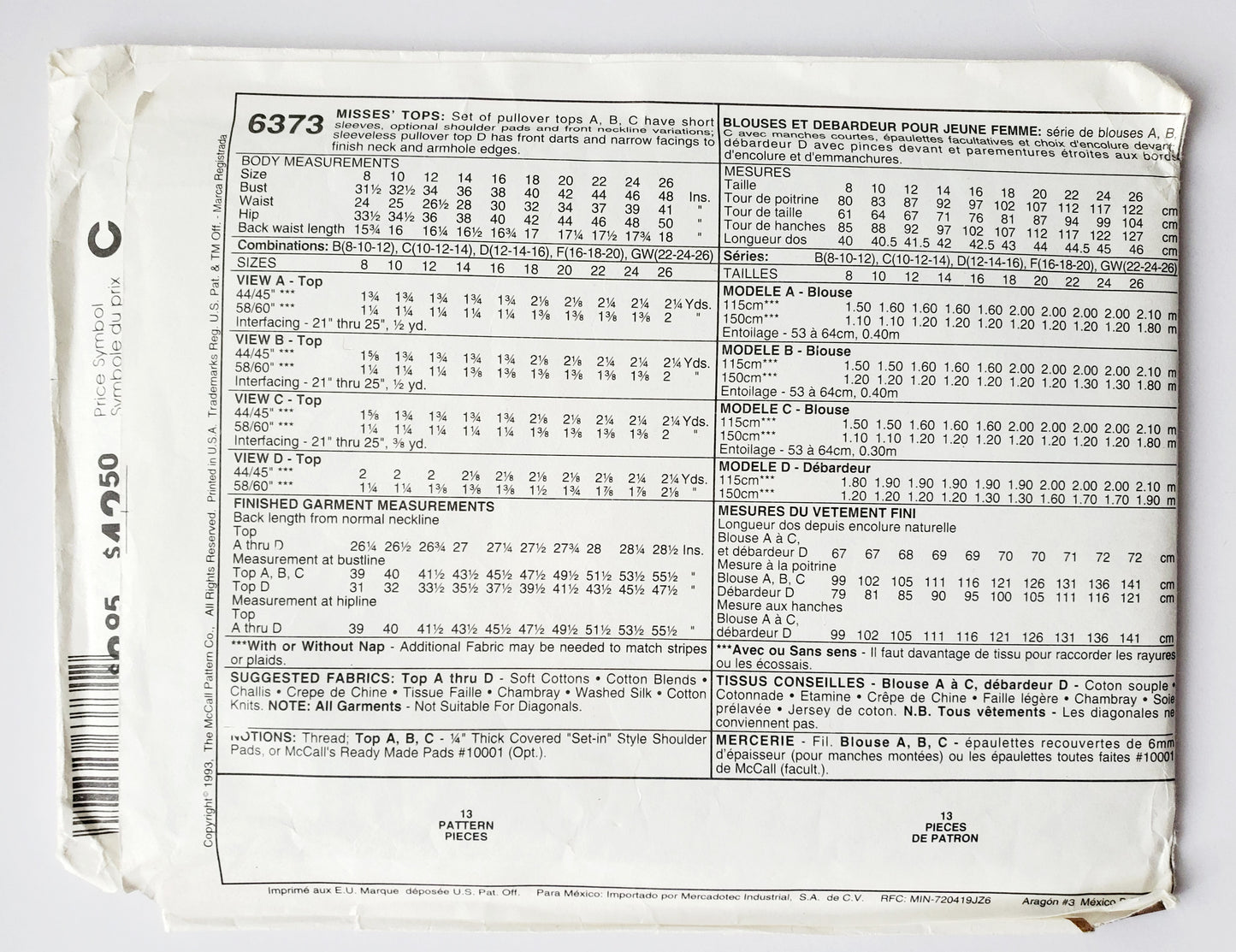 MCCALLS Sewing Pattern 6373 Early 90's Pullover Tops, Size 8-12