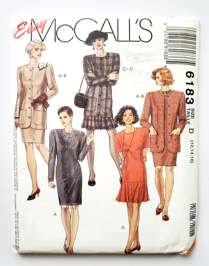 MCCALLS Sewing Pattern 6183 Unlined Jacket, Semi-Fitted, Dresses, Pressed Pleats Lower Edge, Size 12-16