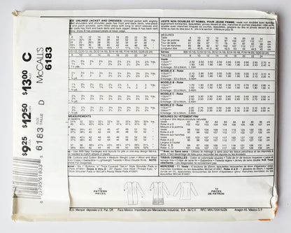 MCCALLS Sewing Pattern 6183 Unlined Jacket, Semi-Fitted, Dresses, Pressed Pleats Lower Edge, Size 12-16