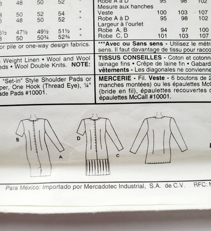 MCCALLS Sewing Pattern 6183 Unlined Jacket, Semi-Fitted, Dresses, Pressed Pleats Lower Edge, Size 12-16