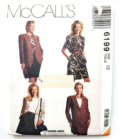 MCCALLS Sewing Pattern 6199 Vintage, 90's, Lined Jacket, Top, Skirt, Shorts, Size 12