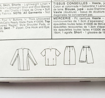 MCCALLS Sewing Pattern 6199 Vintage, 90's, Lined Jacket, Top, Skirt, Shorts, Size 12