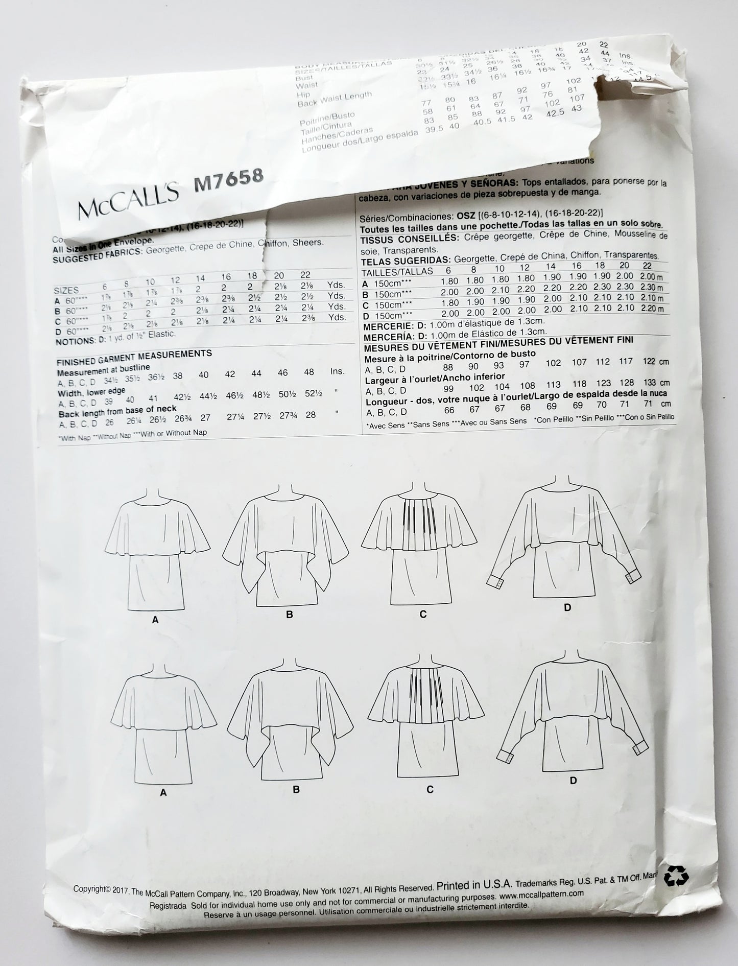 MCCALLS Sewing Pattern M7658 Pullover Tops with Overlay Size 6-22