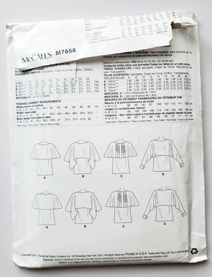 MCCALLS Sewing Pattern M7658 Pullover Tops with Overlay Size 6-22
