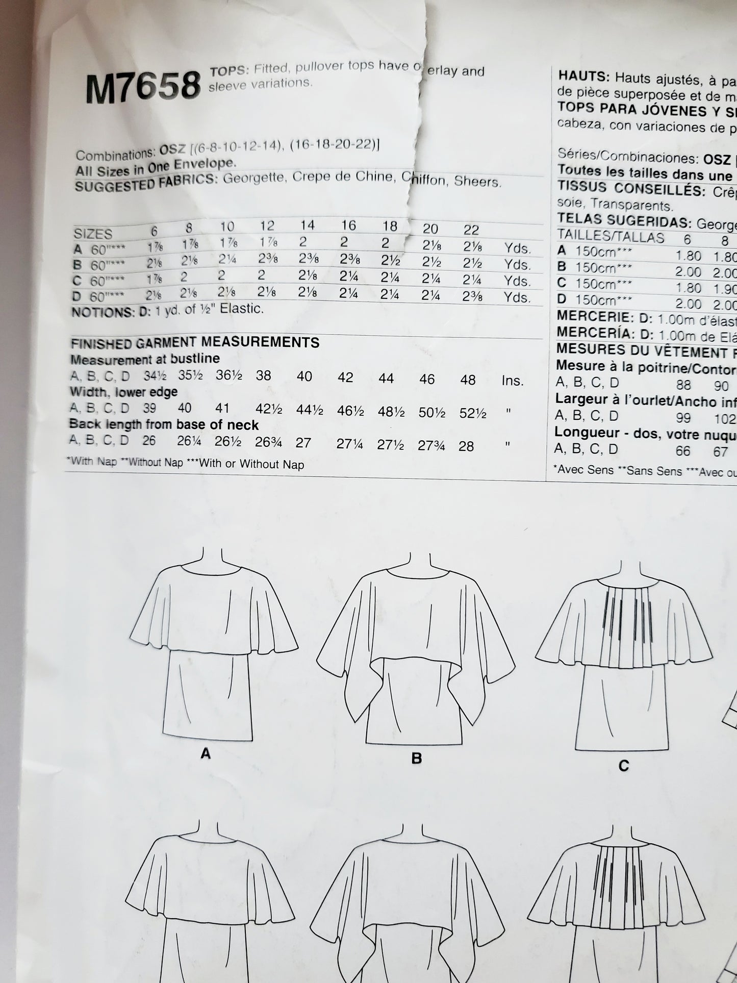 MCCALLS Sewing Pattern M7658 Pullover Tops with Overlay Size 6-22