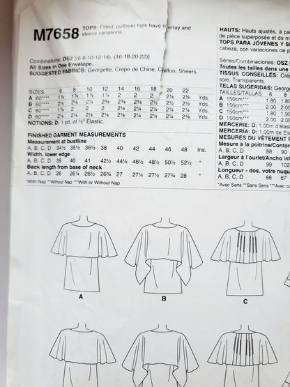 MCCALLS Sewing Pattern M7658 Pullover Tops with Overlay Size 6-22
