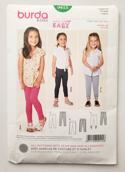 BURDA KIDS, Sewing Pattern 9415, Pants, Leggings, Girls, Kids, Size 3-10