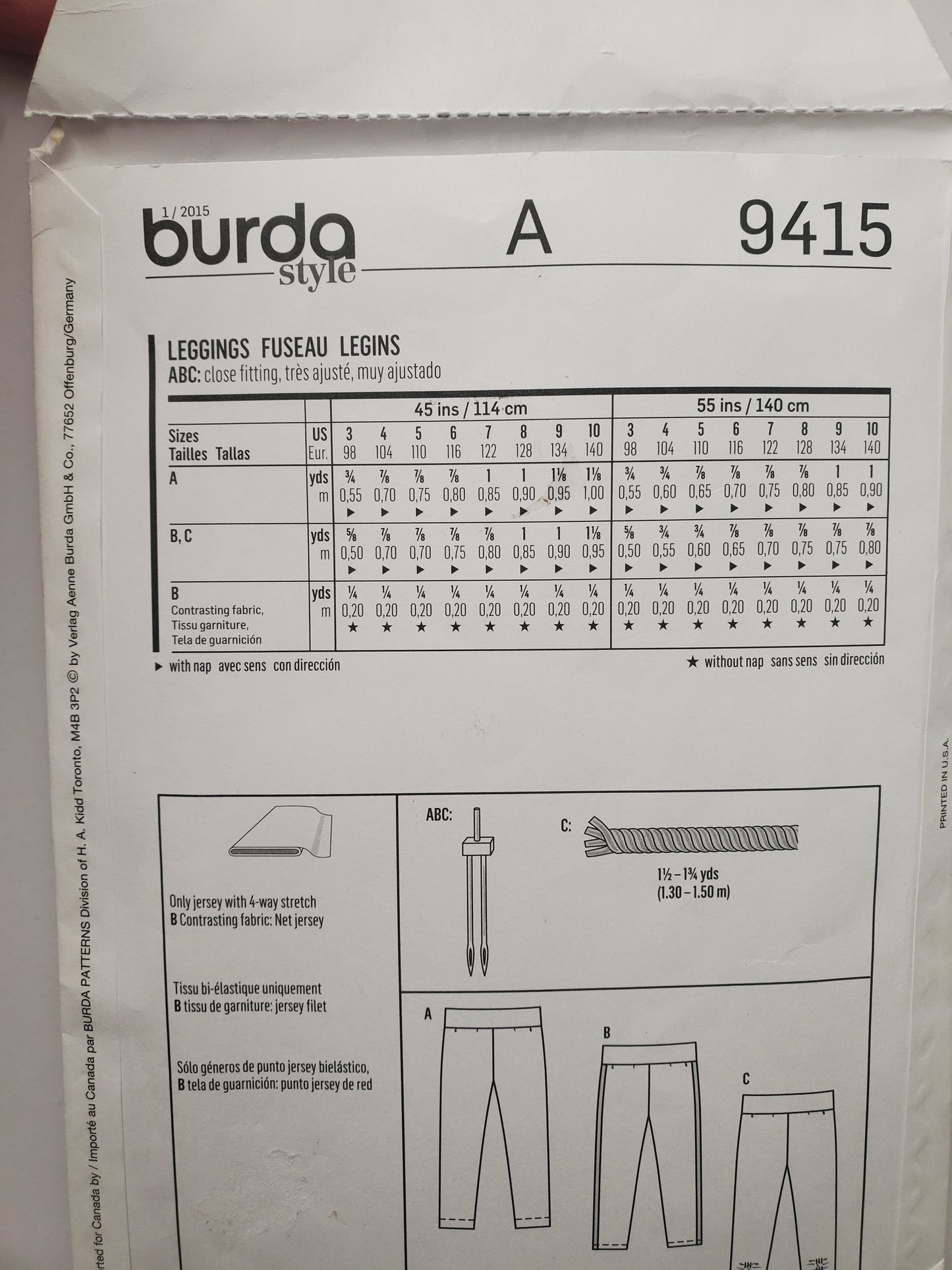 BURDA KIDS, Sewing Pattern 9415, Pants, Leggings, Girls, Kids, Size 3-10