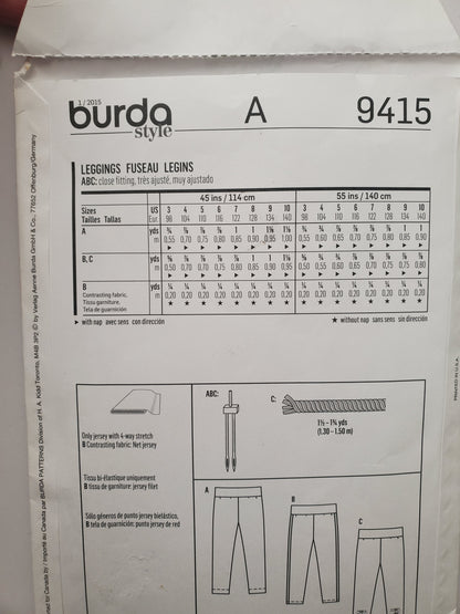 BURDA KIDS, Sewing Pattern 9415, Pants, Leggings, Girls, Kids, Size 3-10