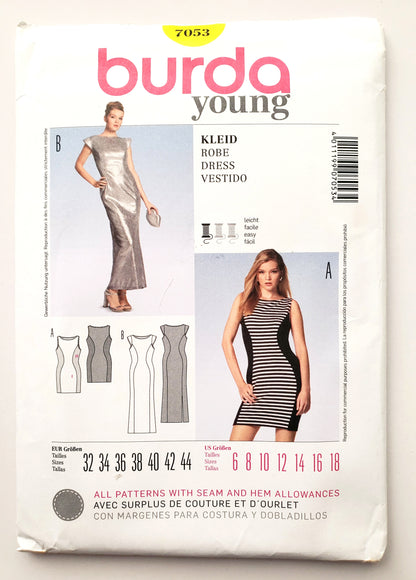 BURDA YOUNG, Sewing Pattern 7053, Dress, Shaped, Fitted Dress Variations, Cap Sleeves, Size 6-18