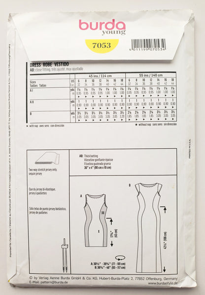 BURDA YOUNG, Sewing Pattern 7053, Dress, Shaped, Fitted Dress Variations, Cap Sleeves, Size 6-18