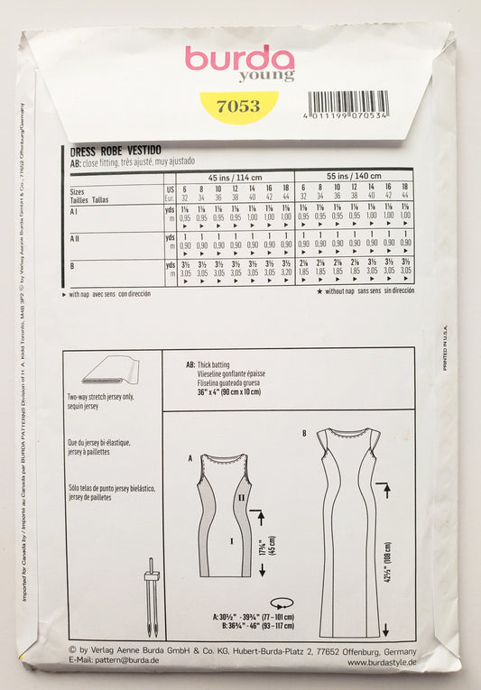 BURDA YOUNG, Sewing Pattern 7053, Dress, Shaped, Fitted Dress Variations, Cap Sleeves, Size 6-18