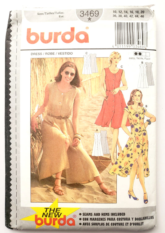 BURDA, Sewing Pattern 3469, Dress, Buttoned Dress, Size 10-20